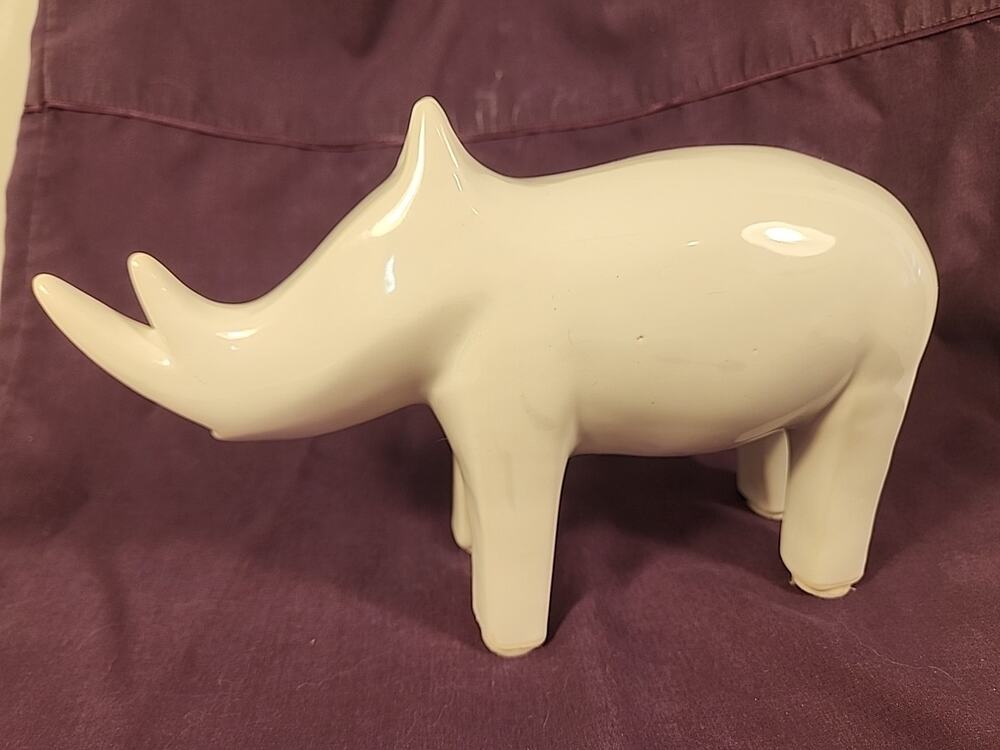 Rhino Statue White Figurine Statue Ceramic Minimalist Geometric Rhinoceros 10"